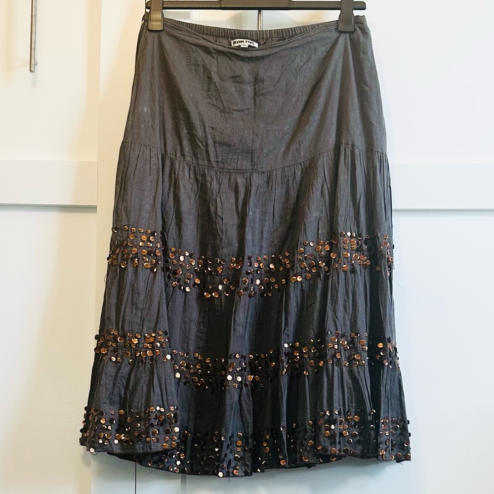 Fun KAKTUS Boho Skirt Mocha Browny Grey Cotton Lrg Copper Sequins Sz L XL